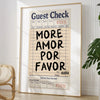 A framed piece of wall art featuring a handwritten guest check form with the text More Amor Por Favor on it.