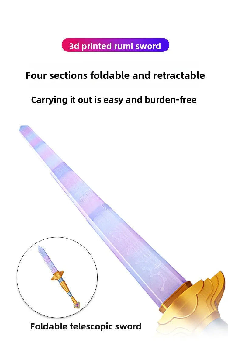 A 3D printed rumi sword with four foldable and retractable sections shown as a foldable telescopic sword.