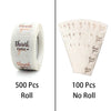 A set of thank you gold foil sealing stickers, shown as a 500 piece roll and 100 piece loose pack.