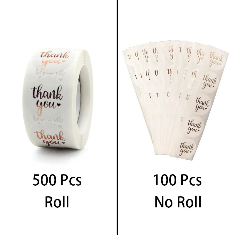 A set of thank you gold foil sealing stickers, shown as a 500 piece roll and 100 piece loose pack.
