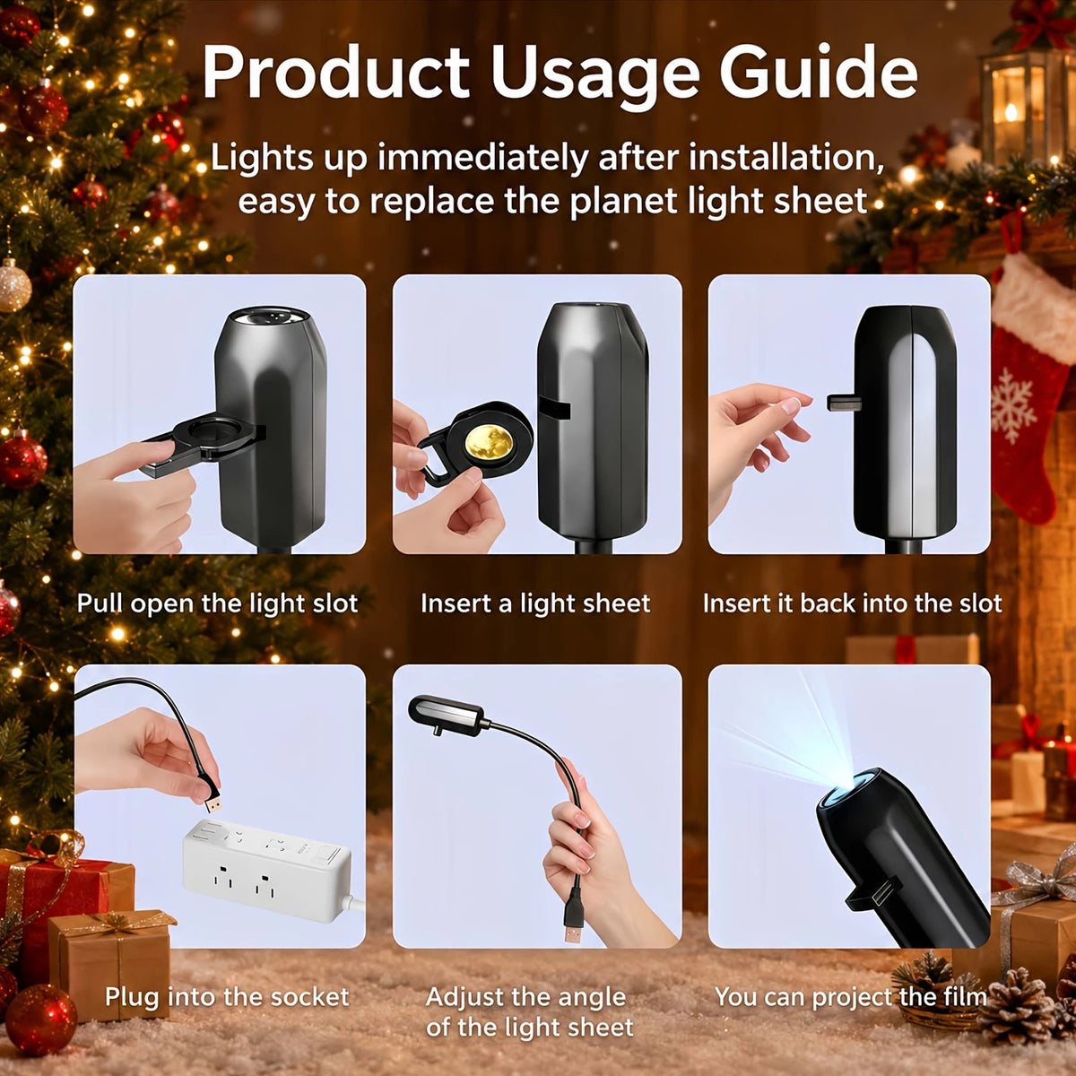 Guide showing how to install and use a Halloween LED projection light sheet product.