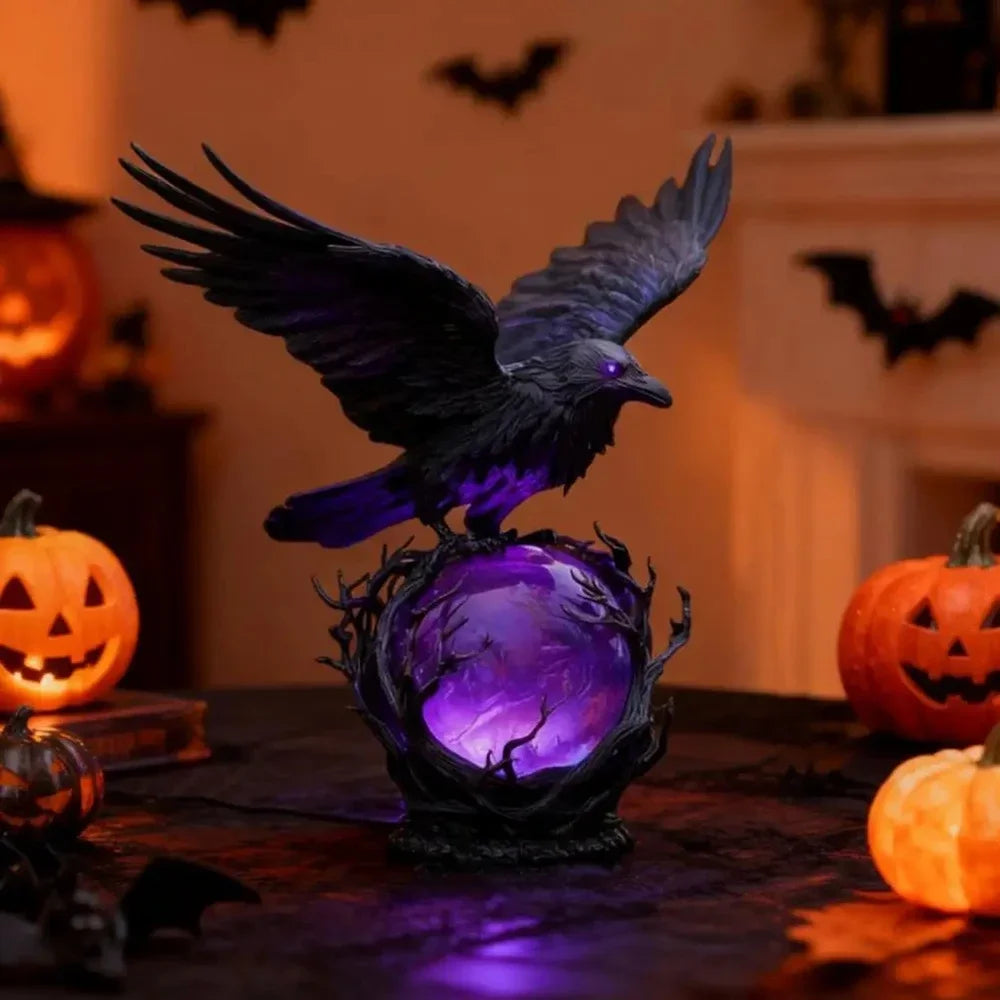 A dark sculpture of a raven with purple glow sits on a wooden surface in a dimly lit setting.