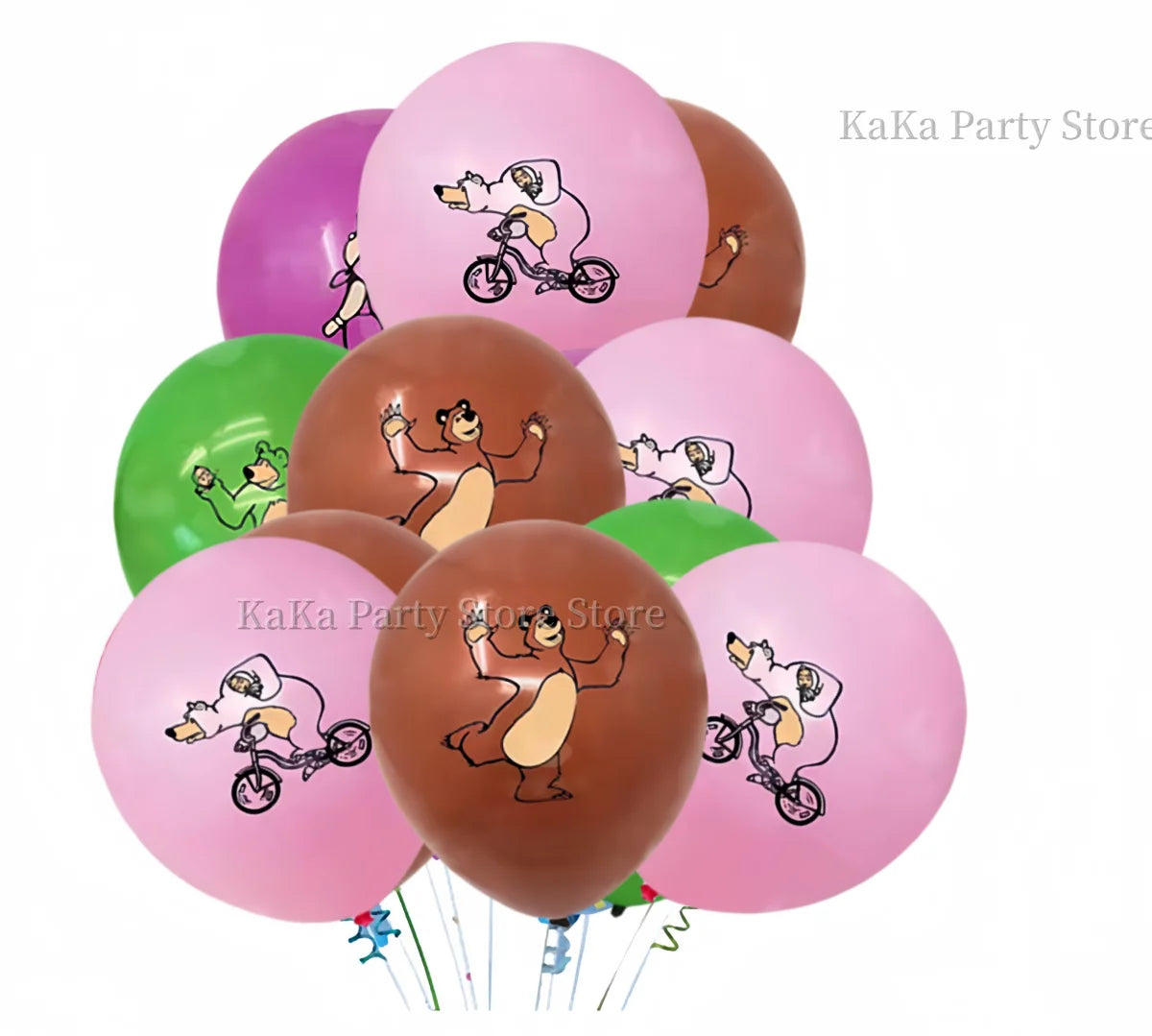 A balloon bouquet featuring pink, purple, and green balloons decorated with a white silhouette of Masha and Bear riding a bic
