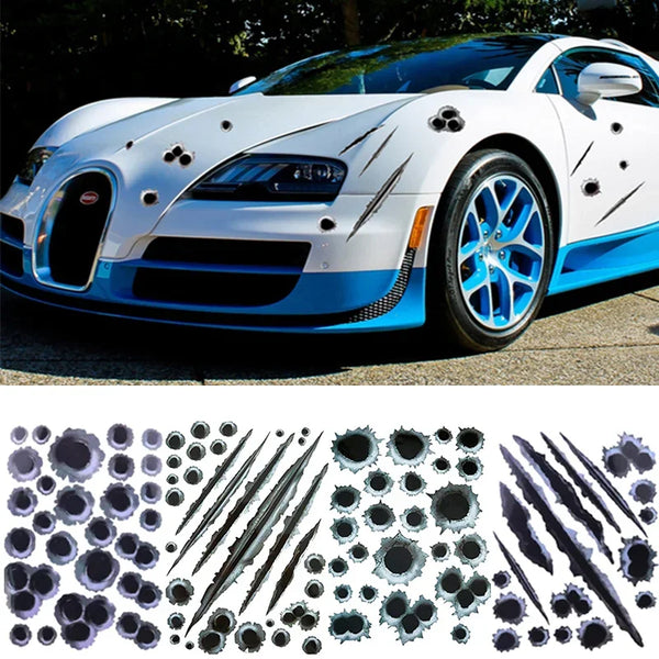 A white sports car features a blue accent stripe and a detailed decal pattern of bullet holes on the body.