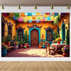 A vibrant Mexican carnival theme backdrop banner featuring colorful decorations, cacti, and wooden doors.