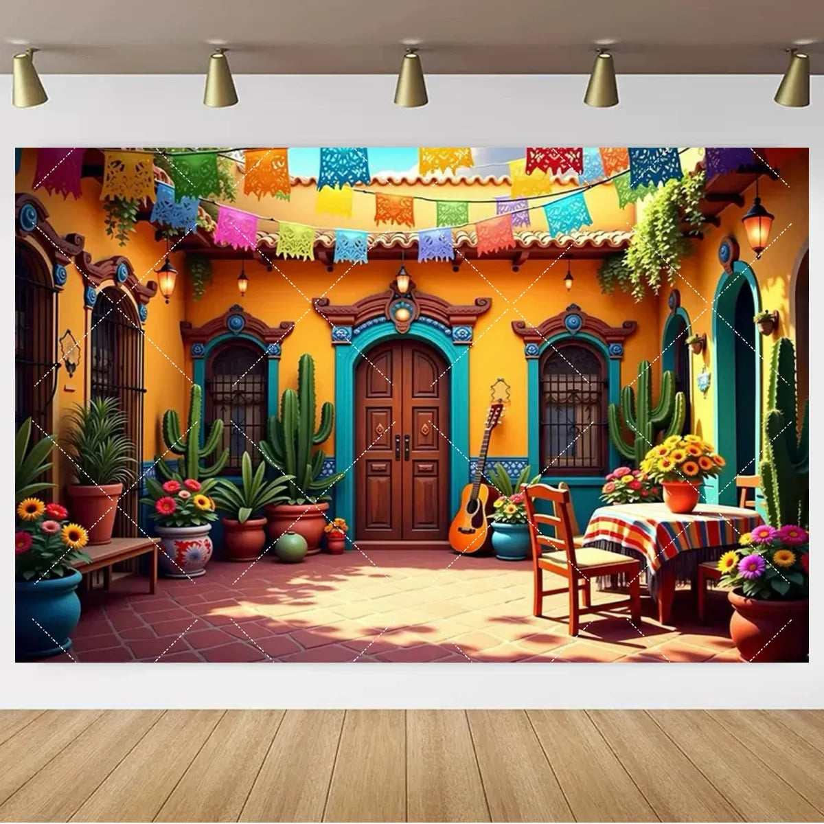 A vibrant Mexican carnival theme backdrop banner featuring colorful decorations, cacti, and wooden doors.