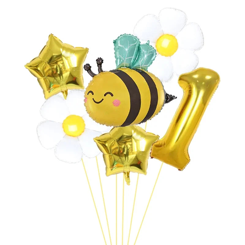 A set of six aluminum foil daisy balloons, including a bee balloon and a large number one balloon.