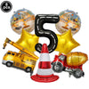 Eight construction truck foil balloons and a number five balloon set for birthday party decor