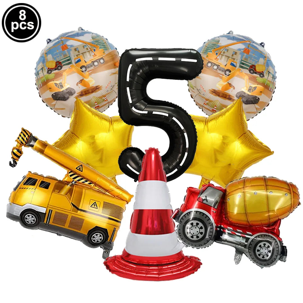 Eight construction truck foil balloons and a number five balloon set for birthday party decor