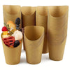 A set of disposable kraft paper serving cups filled with various deli meats, cheeses, and fruit.