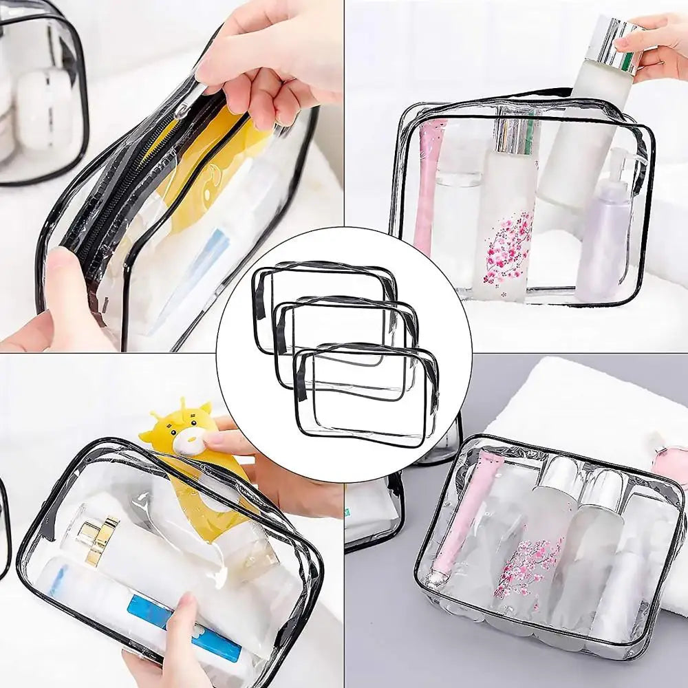 A transparent waterproof toiletry bag with a zipper is shown being used to organize various personal care items.