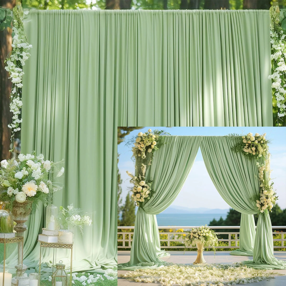 A light green draped curtain backdrop decorated with white flowers and greenery for an event or photoshoot.