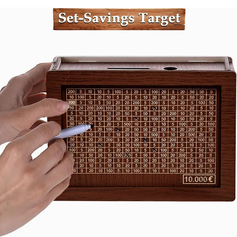 A wooden set-savings target tracker showing various monetary amounts for savings goals.