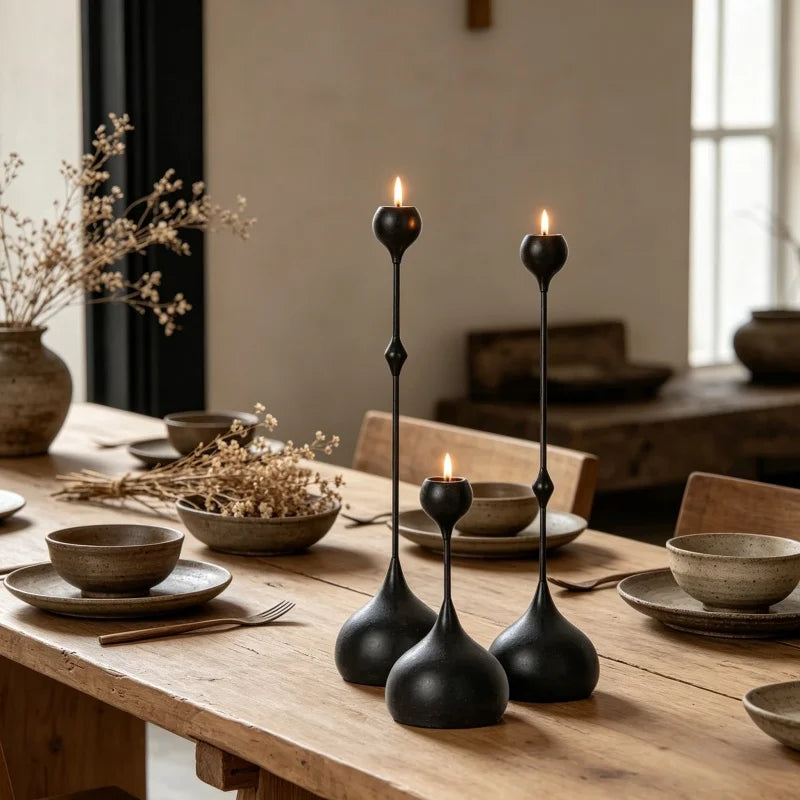 A set of three black candle holders with flickering flames resting on a wooden table.