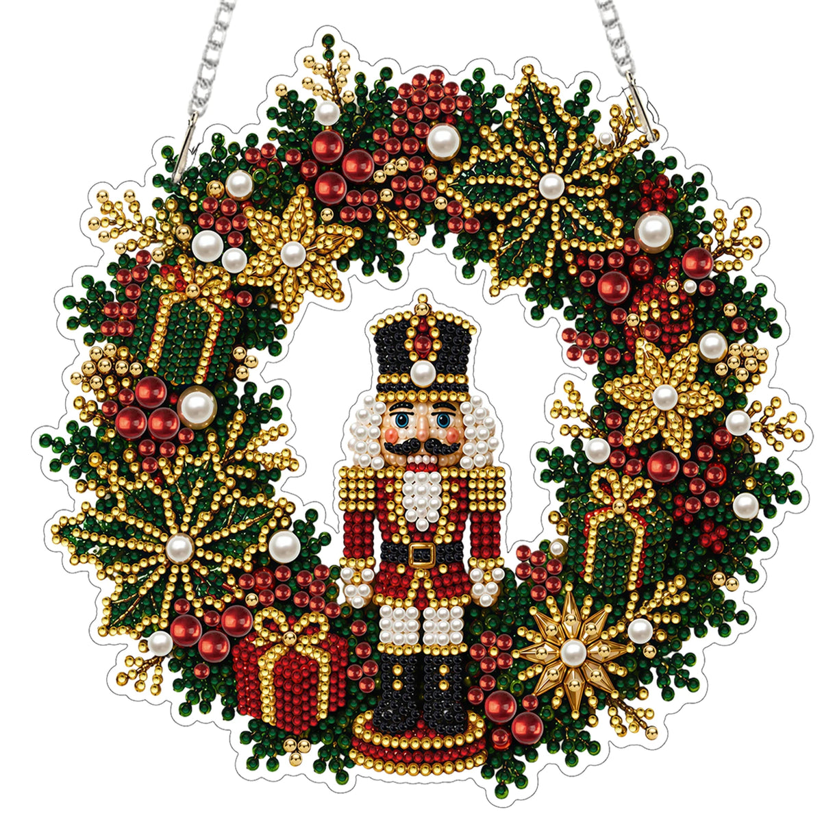 An LED-illuminated diamond painting wreath kit featuring a festive Christmas design with red, green, and gold elements.