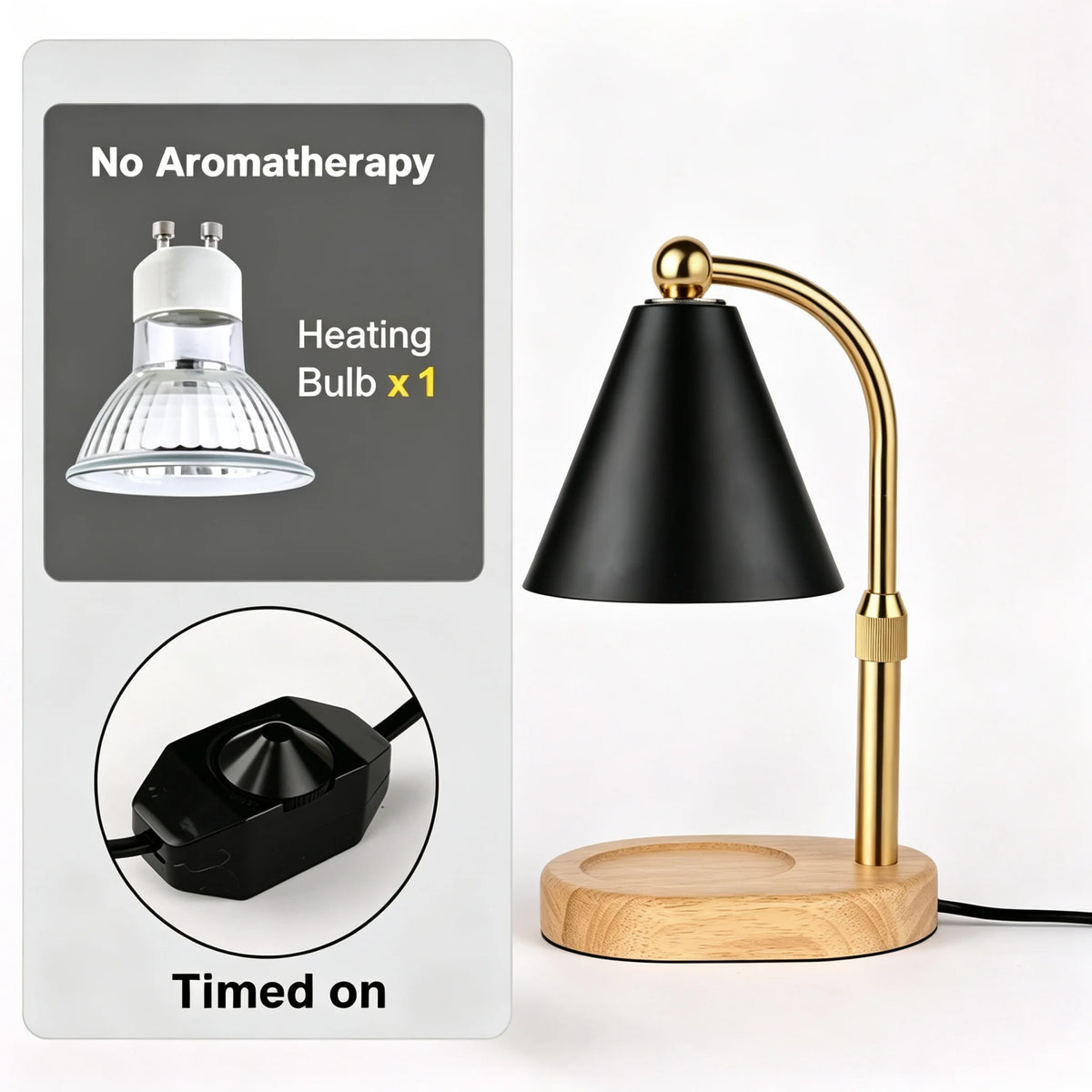 A black adjustable flameless candle warmer lamp with a gold finish and wooden base, shown next to an instruction panel.