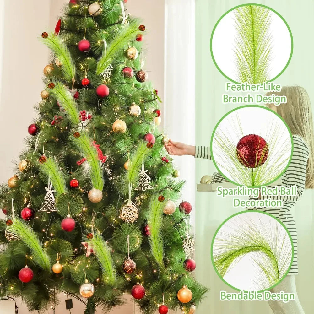Christmas tree decorated with feather-like branches, red berries, and sparkling red balls.