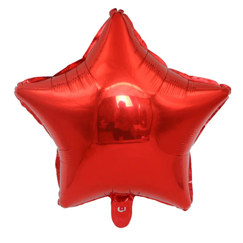 A shiny red foil star and heart balloon.