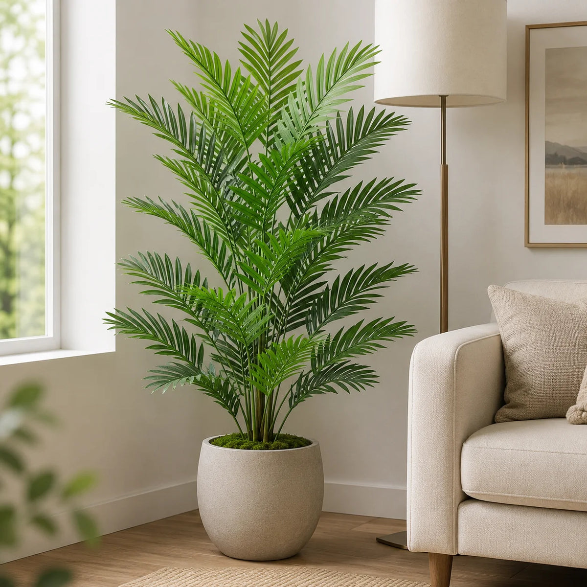 A tall artificial areca palm tree in a beige pot sits on a wooden floor next to a light-colored sofa.