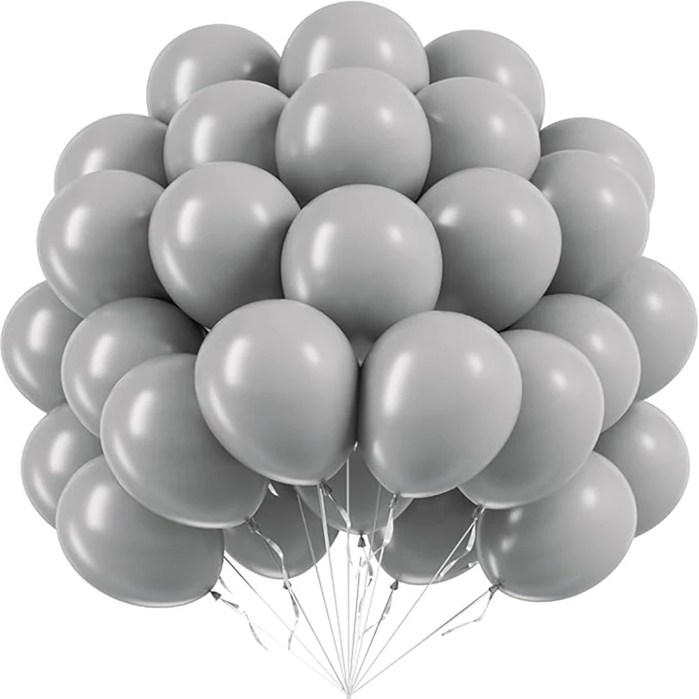 A bunch of gray latex balloons tied together, ready for party decorations.