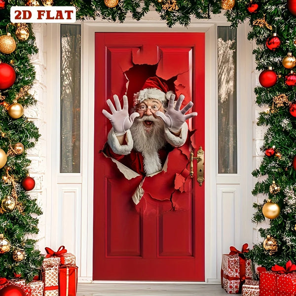 A red door decorated with a torn Santa face and surrounded by festive greenery and ornaments.