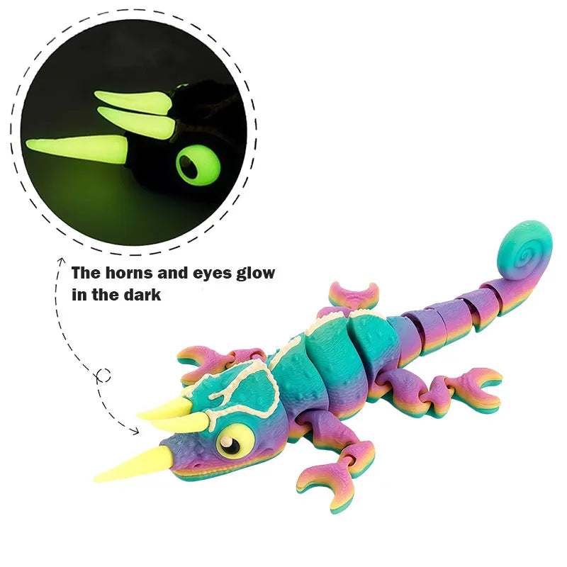 A colorful, translucent chameleon fidget toy with glowing horns and eyes against a dark background.