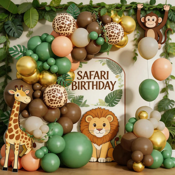 A balloon garland featuring safari animals like a giraffe and lion in earthy tones and green accents.