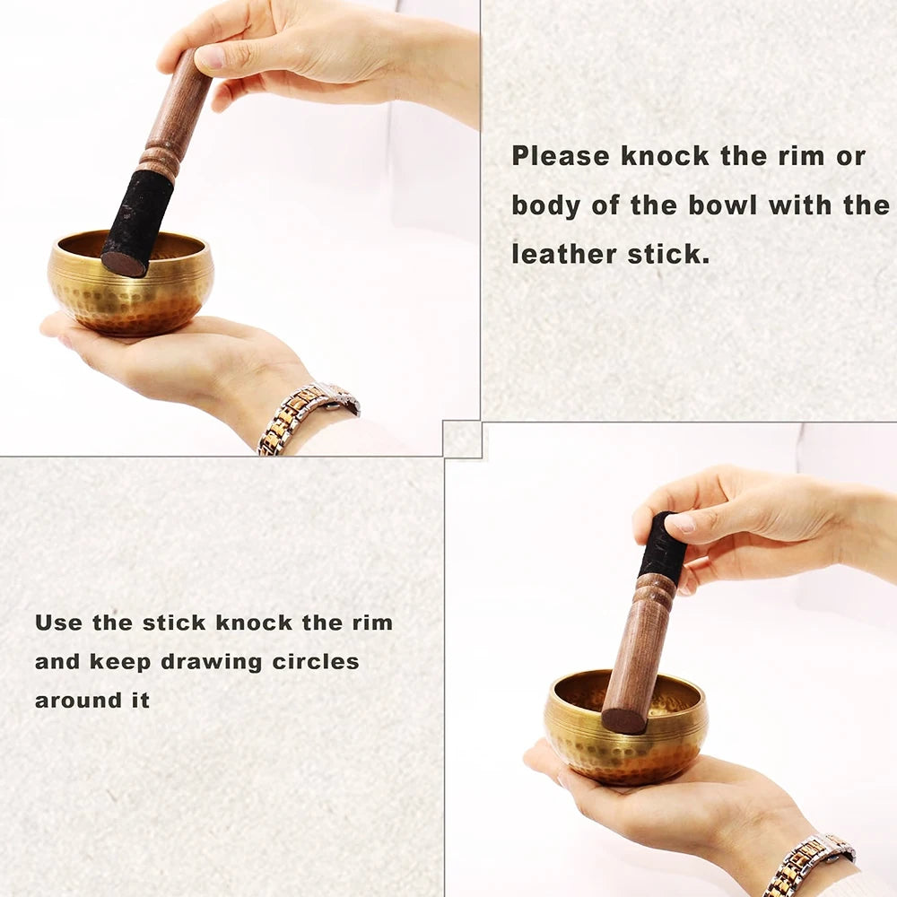 Hands demonstrate how to knock the rim or body of a copper singing bowl with a leather stick for sound healing