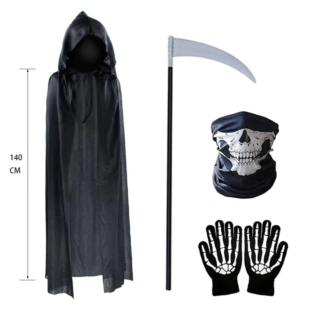 Grim Reaper Halloween costume set featuring a black cape, a scythe, and a skull mask with black gloves.