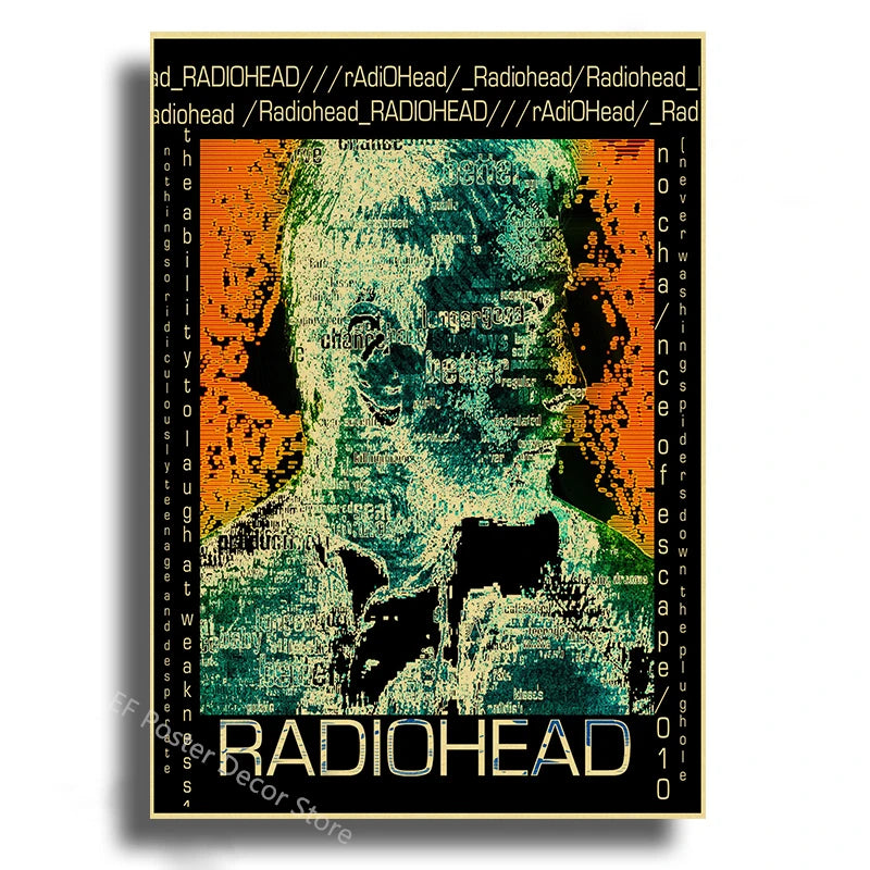 Retro music album art poster featuring a distressed portrait of Radiohead