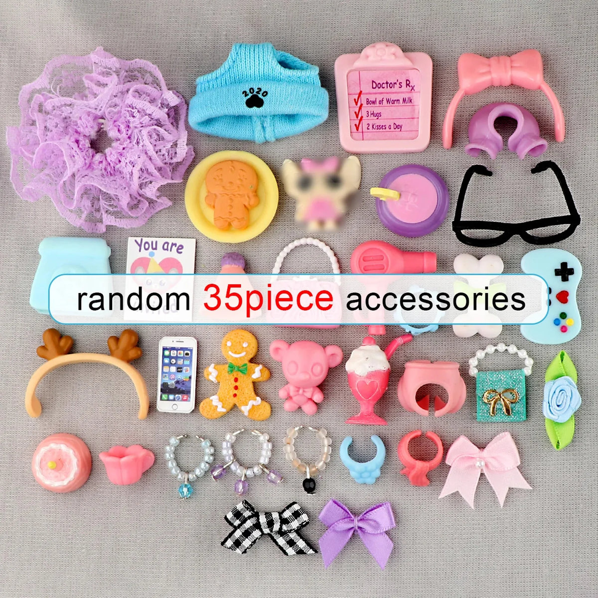 A variety pack of 35 mini pet shop accessories including bows, glasses, jewelry, and clothing items for pets.