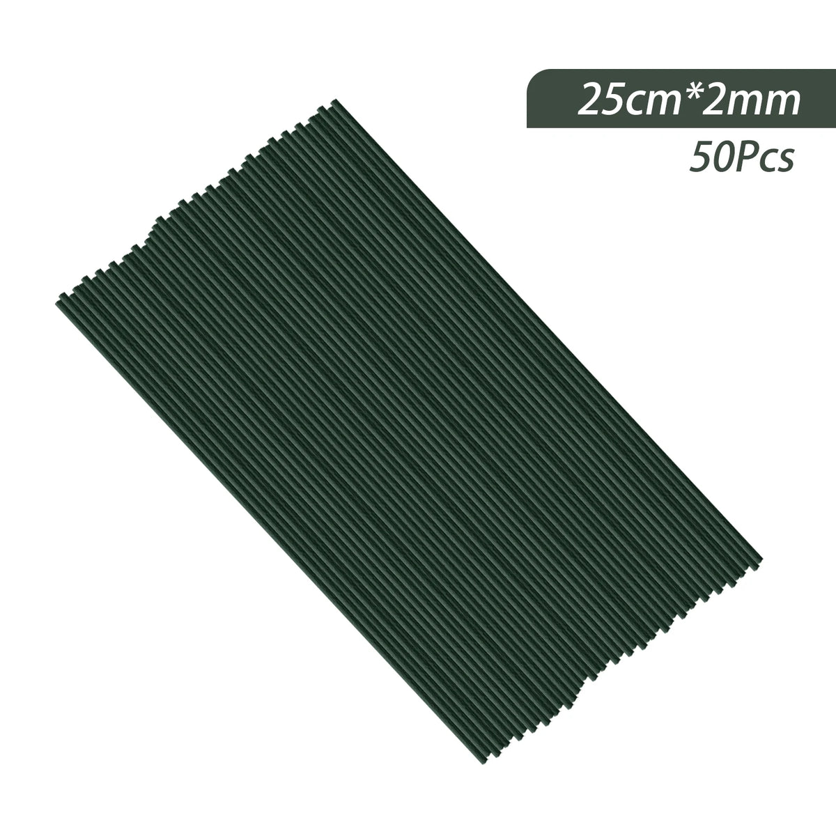 A rectangular sheet of dark green artificial flower stems, 25cm by 2mm, packaged in a 50 piece set.