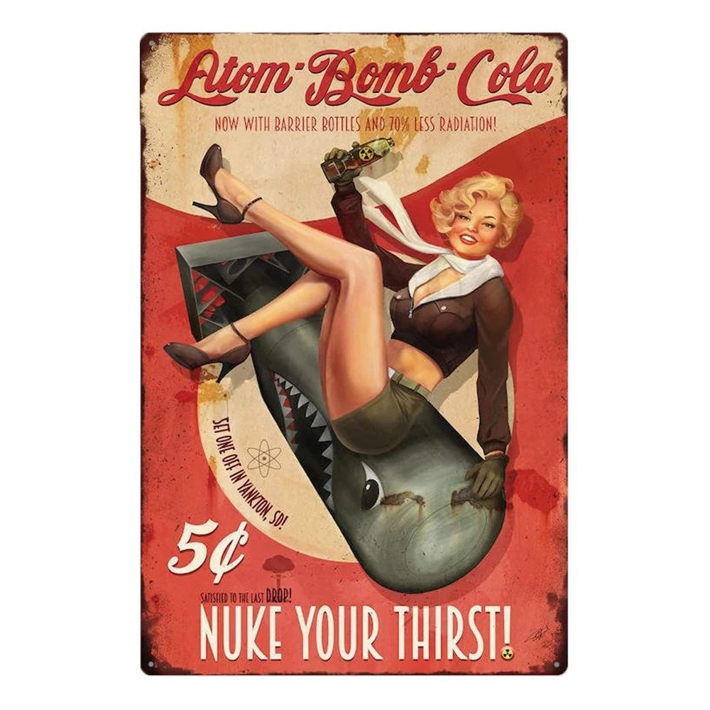 Vintage rusty cola metal wall sign featuring a woman and text promoting Atom Bomb Cola