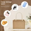 A natural jute tote bag with cotton rope handles is shown alongside various items like a phone, keys, and cosmetics.