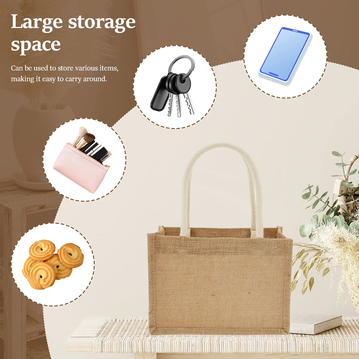 A natural jute tote bag with cotton rope handles is shown alongside various items like a phone, keys, and cosmetics.