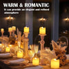 Warm and romantic atmosphere set with glowing candles on a dining table.