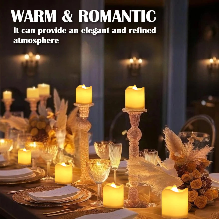 Warm and romantic atmosphere set with glowing candles on a dining table.