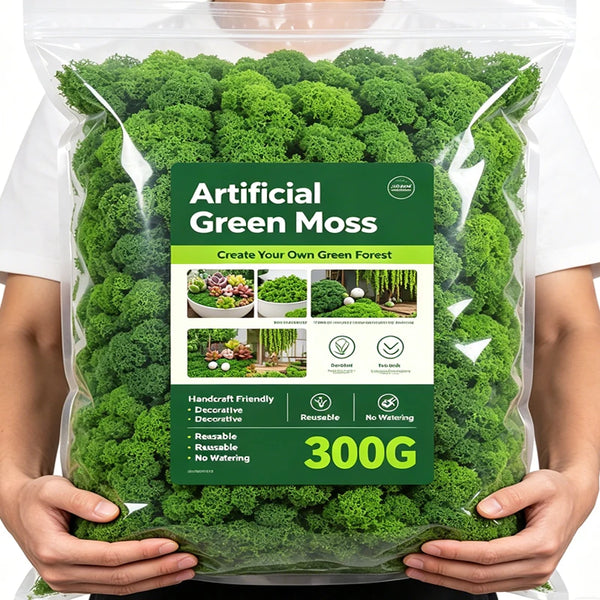 Bag of artificial green moss for home décor and DIY projects