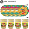 A set of 40 7 inch plates and cups featuring a vibrant Hawaiian luau design with colorful patterns and tiki faces.