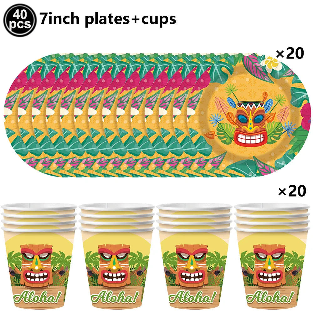 A set of 40 7 inch plates and cups featuring a vibrant Hawaiian luau design with colorful patterns and tiki faces.