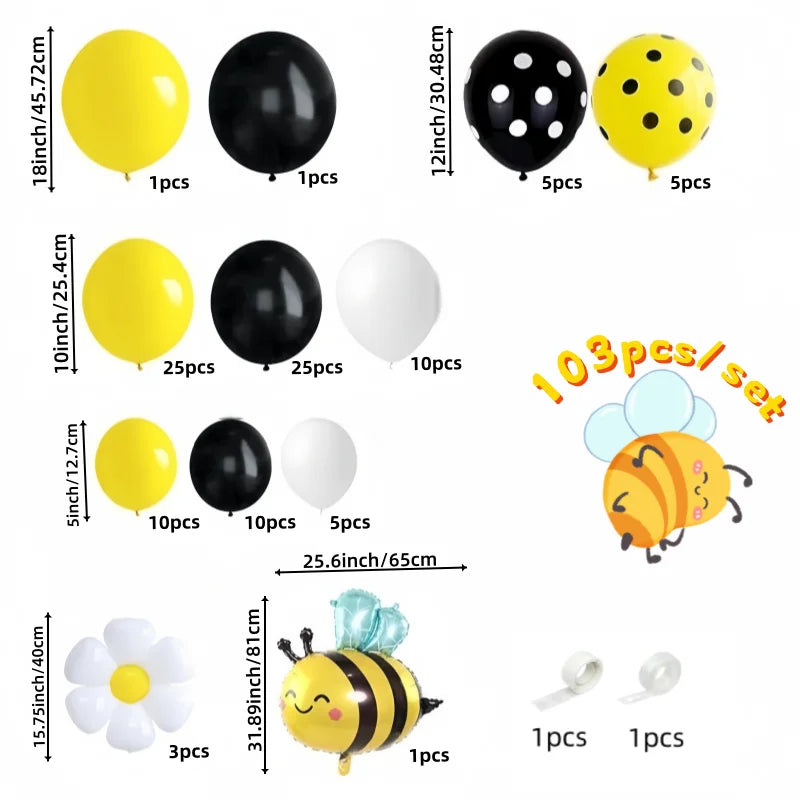 A set of 103 balloons including yellow and black spheres, a white balloon, and a bee-shaped balloon.