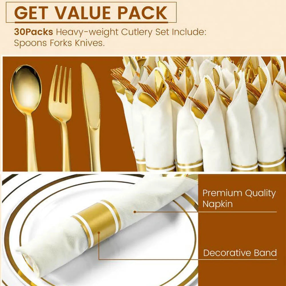 Juego de cubiertos desechables de plástico plateado con bandas doradas decorativas y acabado blanco premium