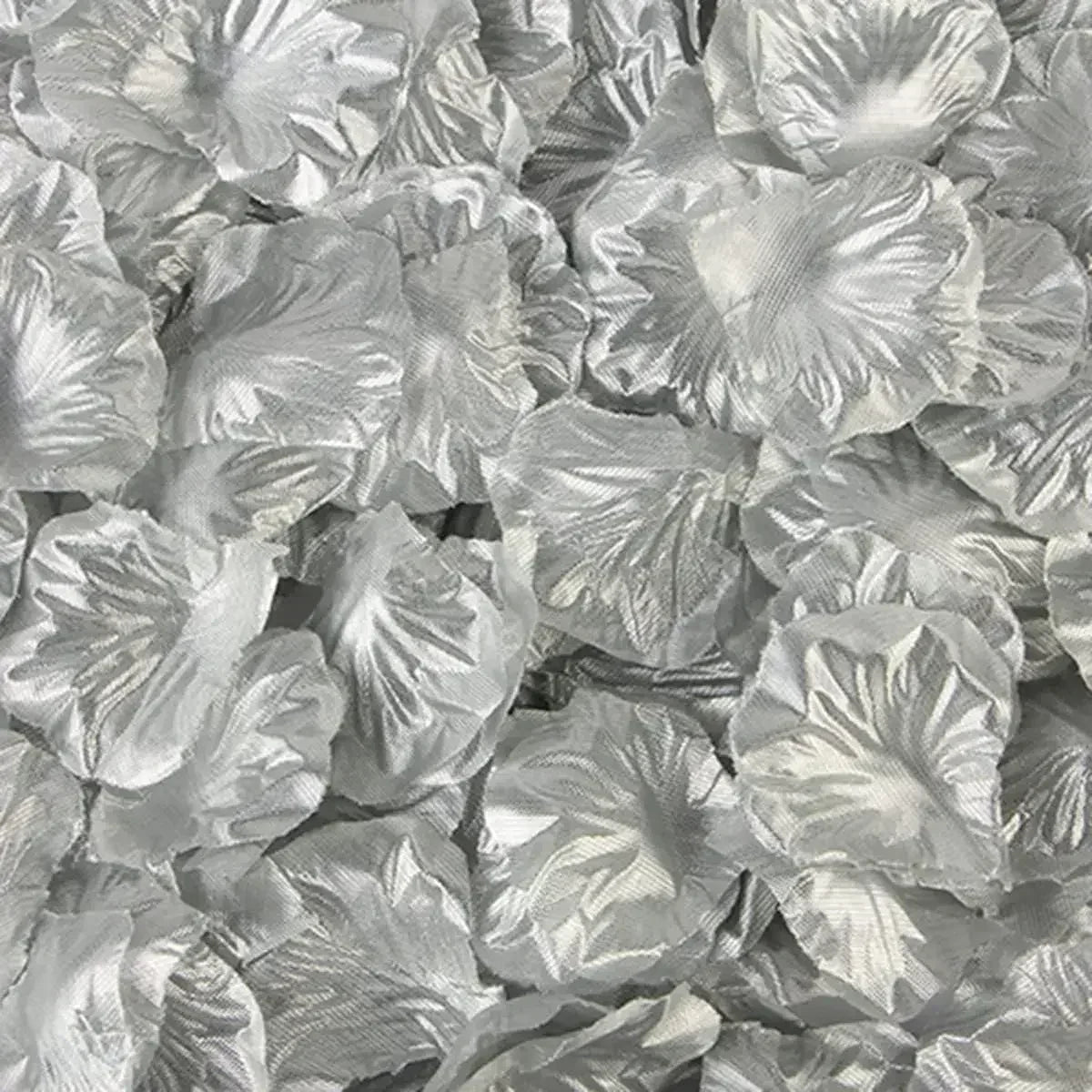 Close-up view of silver artificial rose petals used for wedding decoration.