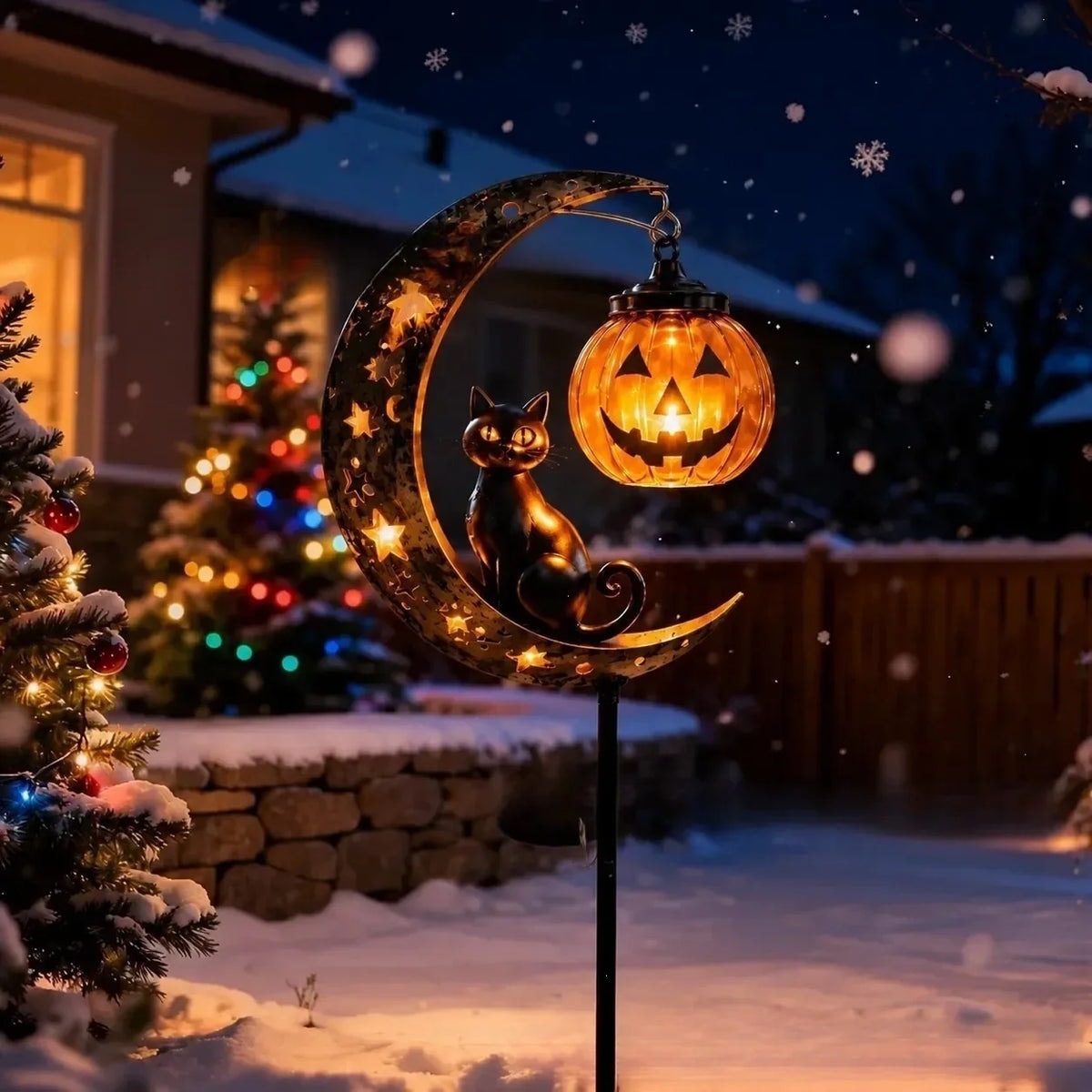 A solar Halloween lantern shaped like a crescent moon with a black cat silhouette, illuminating a festive winter night scene.