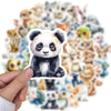 A hand holds a white watercolor sticker featuring a cute panda face surrounded by other watercolor animal stickers.