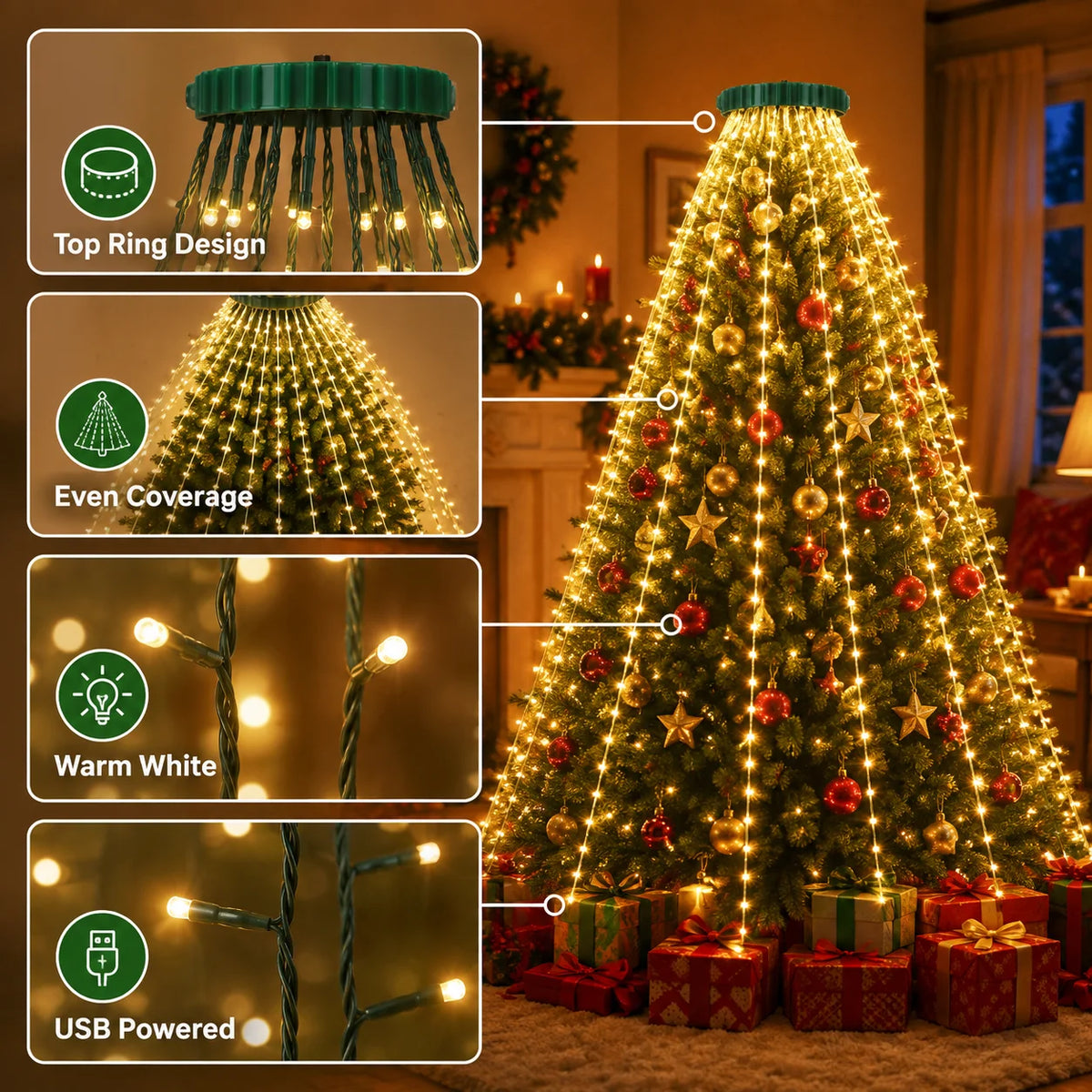 Close-up view of a Christmas tree decorated with warm white LED lights, showing various features like top ring design and eve