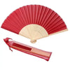 Red silk wedding hand fans with a natural bamboo frame shown open and closed.
