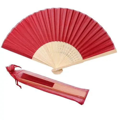 Red silk wedding hand fans with a natural bamboo frame shown open and closed.