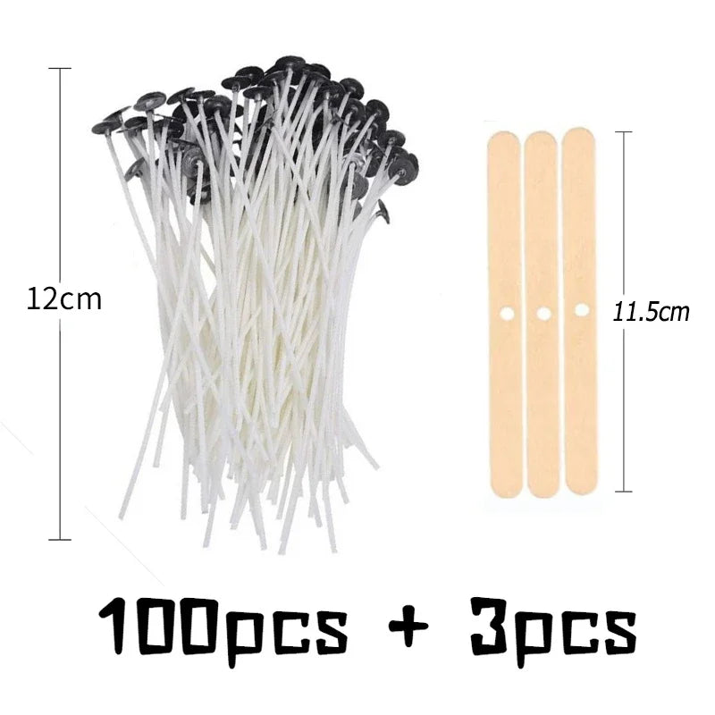 A bundle of 100 smokeless cotton candle wicks and three additional wicks shown next to a measurement guide.