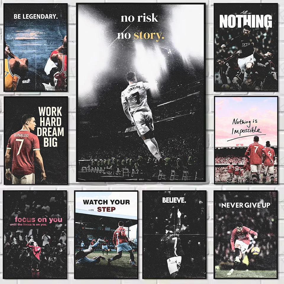 A grid of nine motivational posters featuring football athletes and inspirational text like Be Legendary and Work Hard Dream 